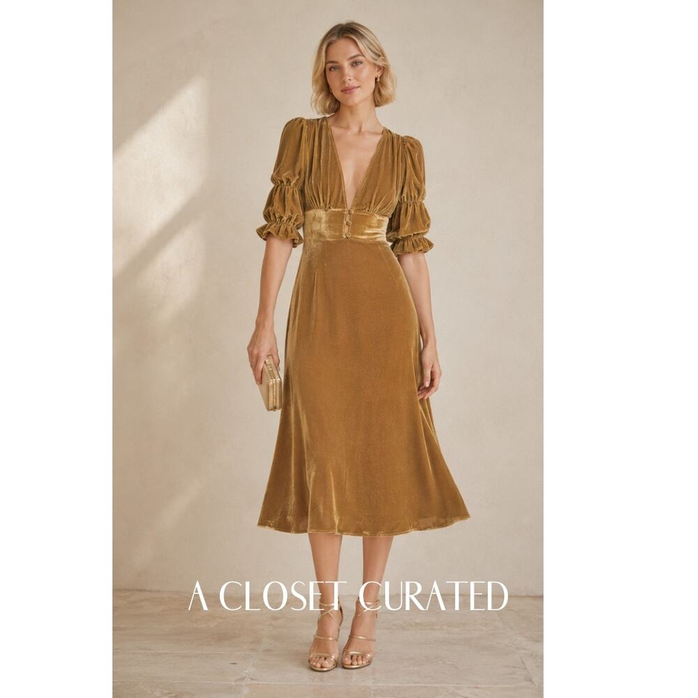 Reformation Maura Velvet Midi Dress 2 Gold